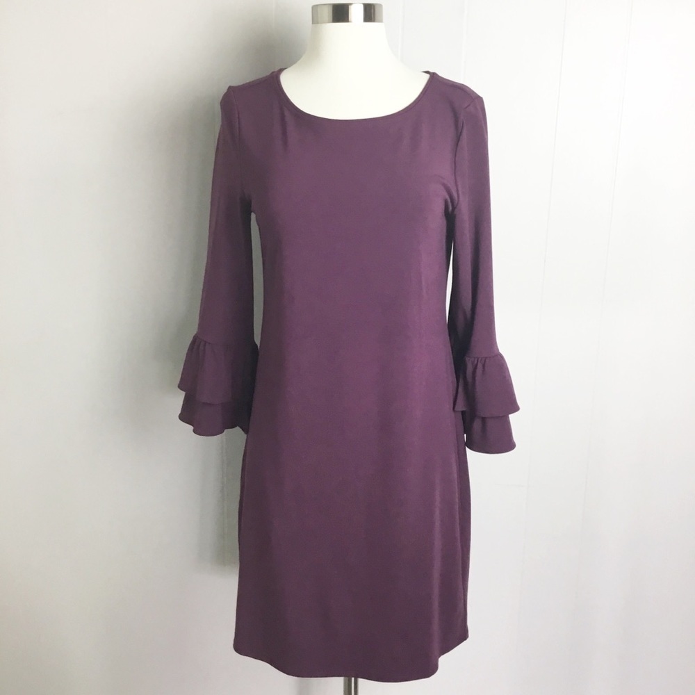 White House Black Market Purple Dress With Bell Ruffle Sleeves New Size S